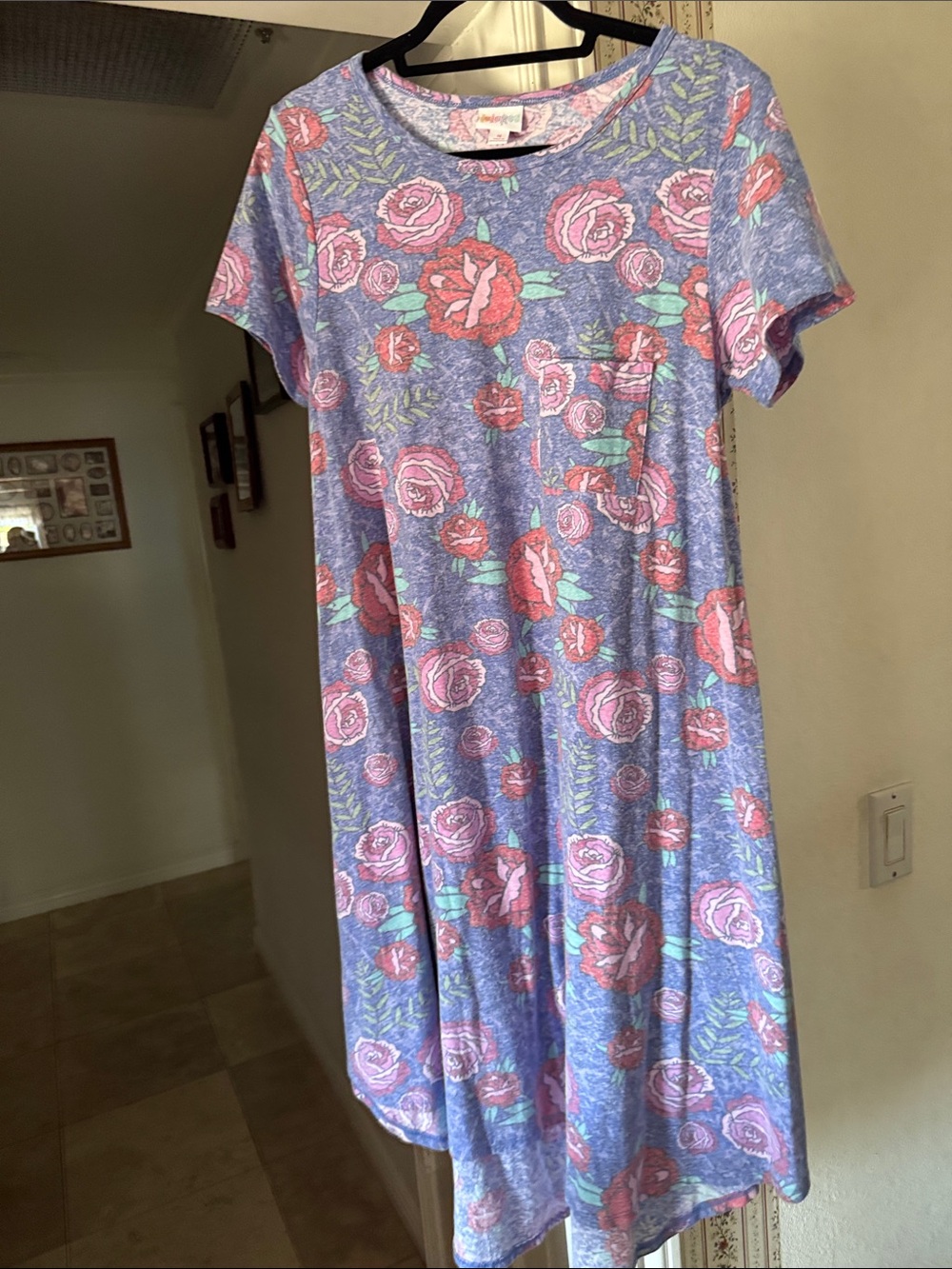 LuLaRoe Carly Purple Floral Top with Pink Roses and Green Leaves